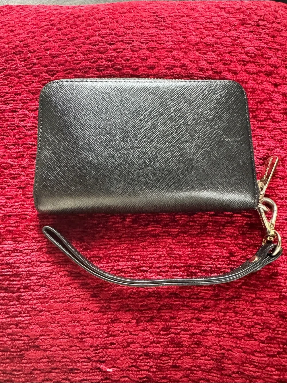 Michael Kors Black Leather Zip Wristlet with Gold Plaque